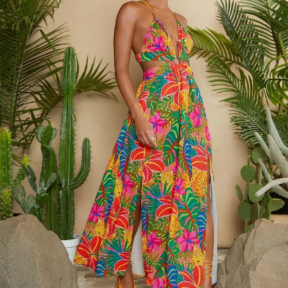 Boho Women's chic Tropical Print Crisscross Tie Backless Split thigh Dress - Picture 1 of 6